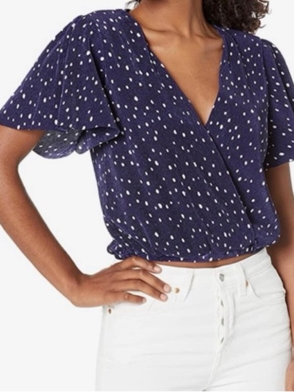 Astr Navy Blue White Polka Dot Cropped Wrap Top